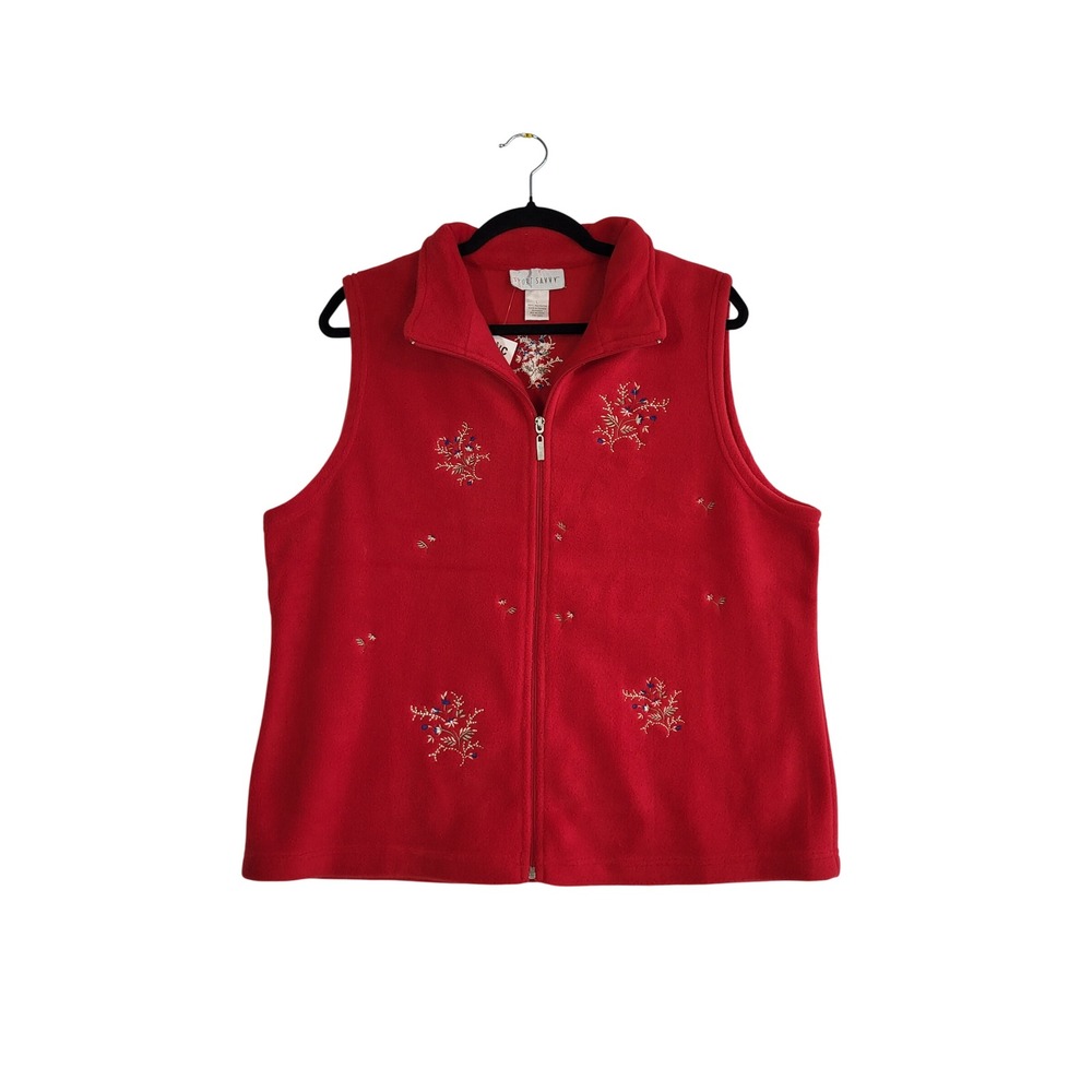 Womens Fleece Vest L 14/16 Red Floral Embroidered Full Zip Christmas Holiday NWT